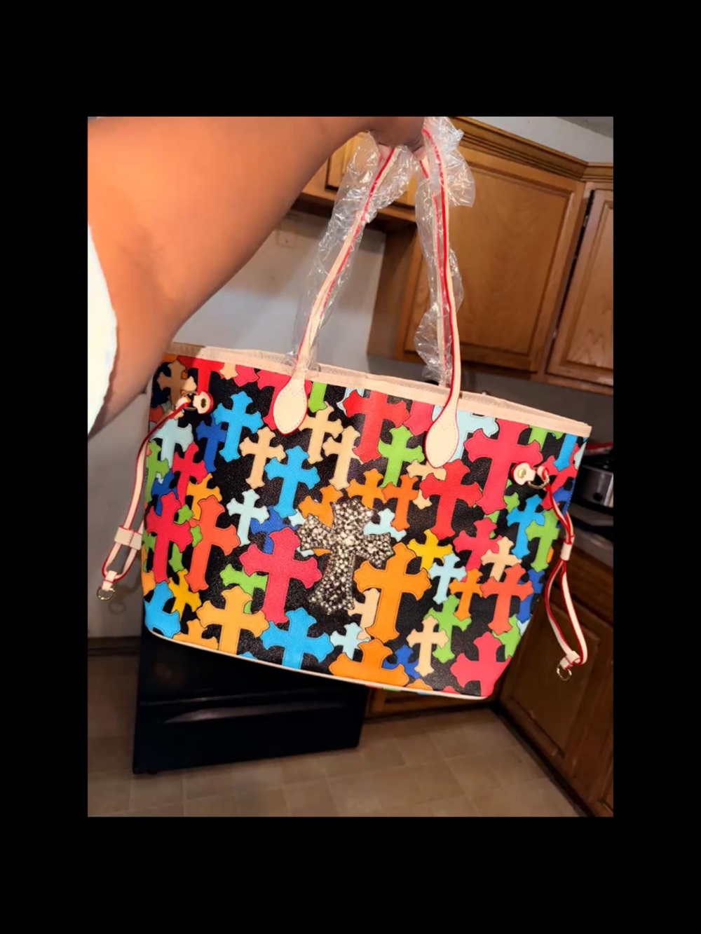 Multicolor Cross Pattern Tote Bag with Rhinestone Accent